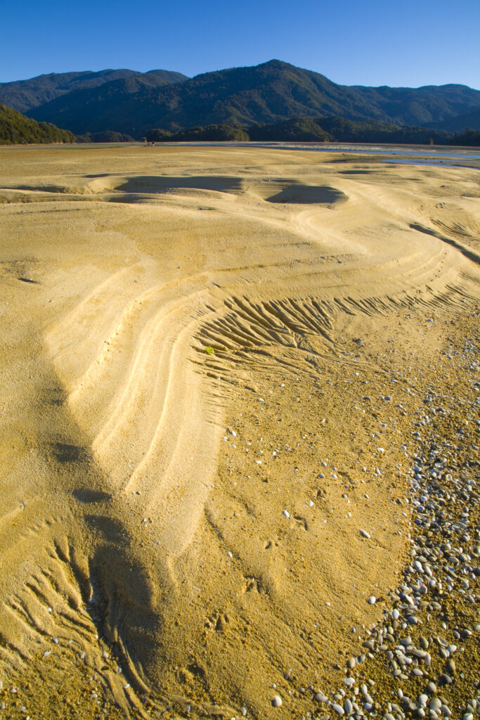New Zealand, Nelson, Abel Tasman National Park. Riples in the sand at Awaroa Bay during low tide, on the coastal great walk.
