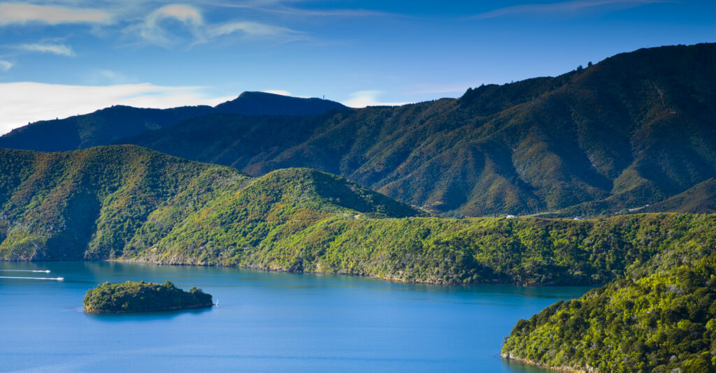 New Zealand, Marlborough, Queen Charlotte Sound. The Queen Charlotte Sound and surrounding hills and native bush.