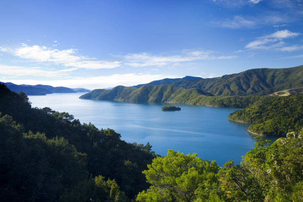 New Zealand, Marlborough, Queen Charlotte Sound. The Queen Charlotte Sound and surrounding hills and native bush.