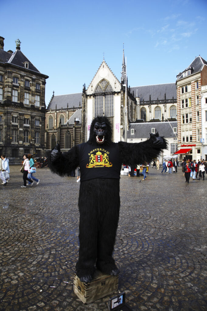 Netherlands, North Holland, Amsterdam. Street performer dressed as a Gorilla, outside Nieuwe Kerk (New Church) near the Royal Palace and Dam square in Amsterdam City.