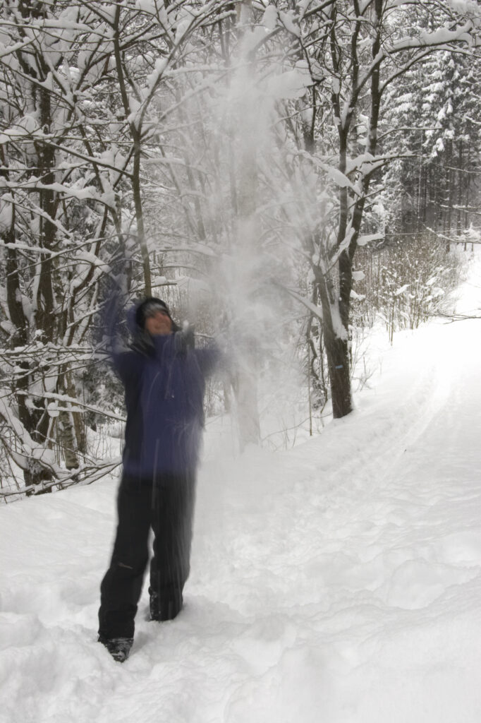 Norway, Oslo, Oslo City. Hiker throwing snow in the air, in snow covered woodland in Oslo Forest near Bogstad Camping.