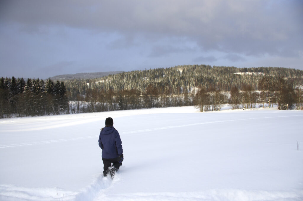 Norway, Oslo, Oslo City. A girl hiker ploughs through a heavy snowfall towards woodland near the Tryvann Ski field.