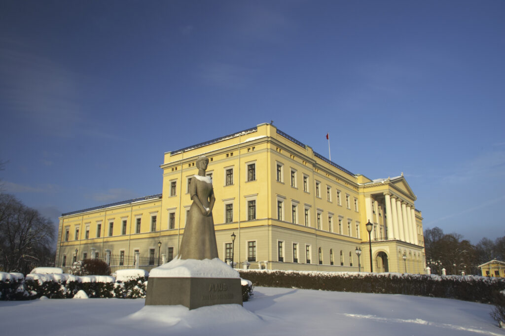 Norway, Oslo, Oslo City. The Royal Palace and surrounding park and gardens, after a heavy winter snow fall.