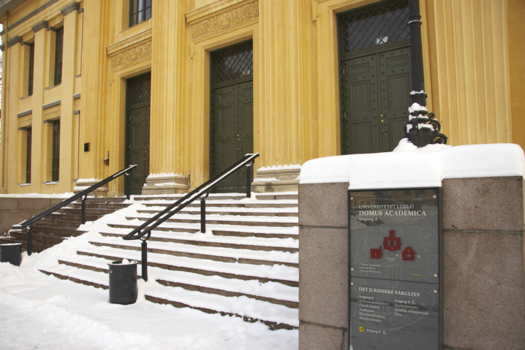Norway, Oslo, Oslo City. The impressive architecture of the University Of Oslo Buildings, surrounded by snow.