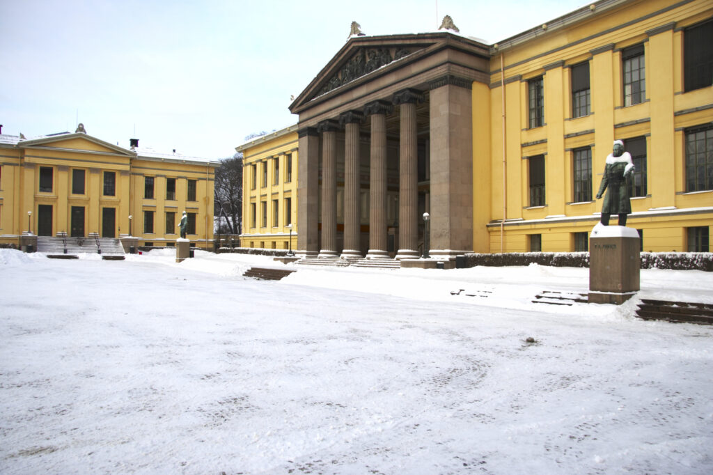 Norway, Oslo, Oslo City. The impressive architecture of the University Of Oslo Buildings, surrounded by snow.