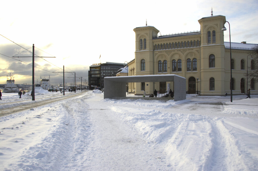 Norway, Oslo, Oslo City. The modern architecture of the Nobel Peace Center near Aker Quay, in Oslo city.