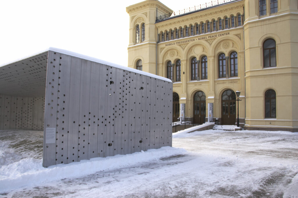 Norway, Oslo, Oslo City. The modern architecture of the Nobel Peace Center near Aker Quay, in Oslo city.
