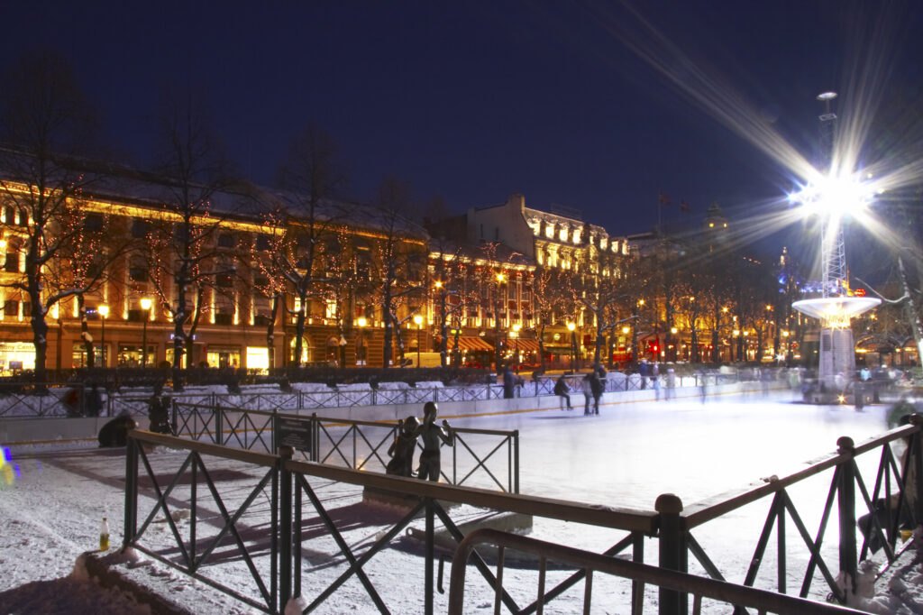 Norway, Oslo, Oslo City. Ice skating rink outside the National Theatre in Oslo City / Oslo region.