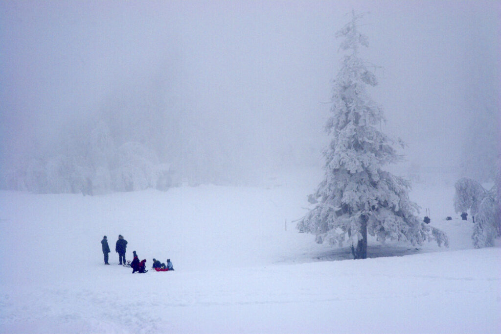 Norway, Oslo, Holmenkollen. A family enjoy the lower slopes of the Tryvann Skifield, in the Holmenkollen area.