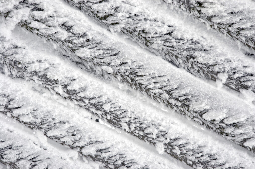 Norway, Oslo, Holmenkollen. Detail study of an wood fence with frost, found in the Holmenkollen area near to Tryvann Ski-field