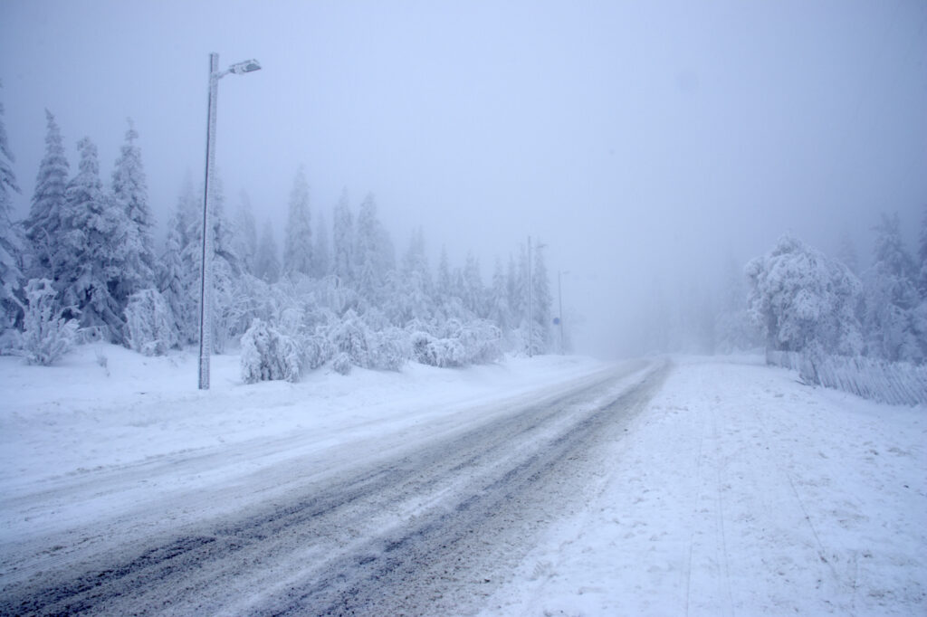 Norway, Oslo, Holmenkollen. A country road heading up to the upper slopes of the Tryvann Skifield, in the Holmenkollen area.