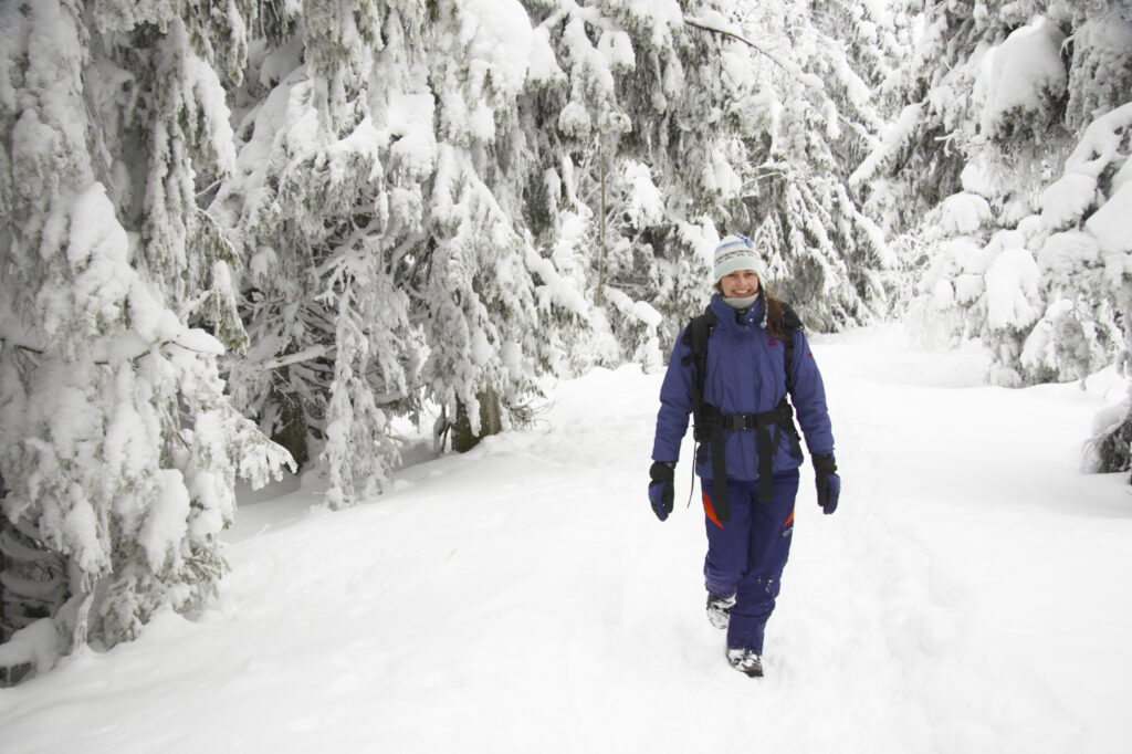 Norway, Oslo, Holmenkollen. Female hiker walking through snow covered forest in the Holmenkollen area near to Tryvann Ski-field