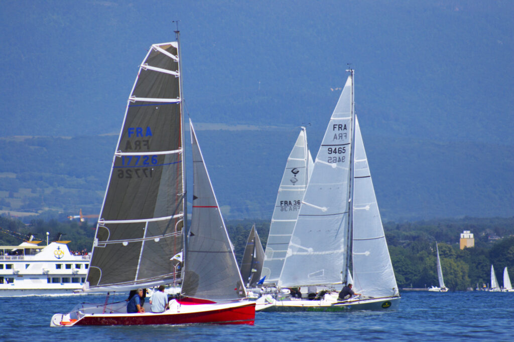 Switzerland, Geneva, Lake Geneva. Residents and visitors to Geneva sail their boats on Lake Geneva