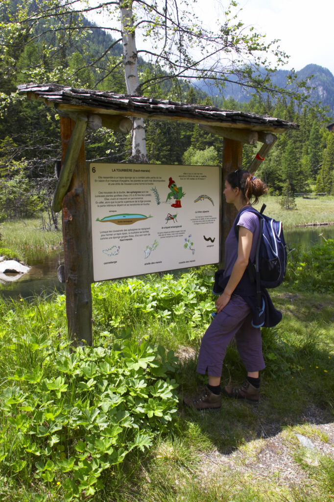 Switzerland Valais Val d Arpette Female walker reading an information board in a nature reserve near to the Lac de Champex