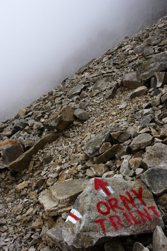 Switzerland Valais Val d Arpette A painted stone indicates the route from La Breya towards Orny near the popular Champex.