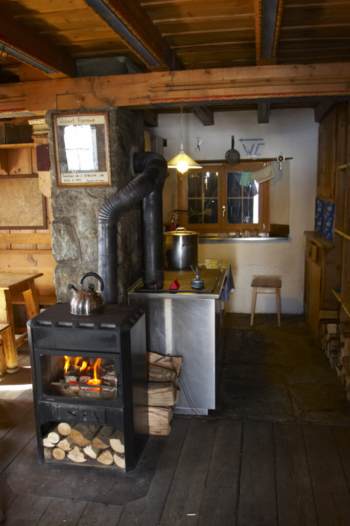 Switzerland Valais Val Ferret. The interior of the Cabane de l'A Neuve 2735m, 8973ft mountain hut also known as cabane dufour