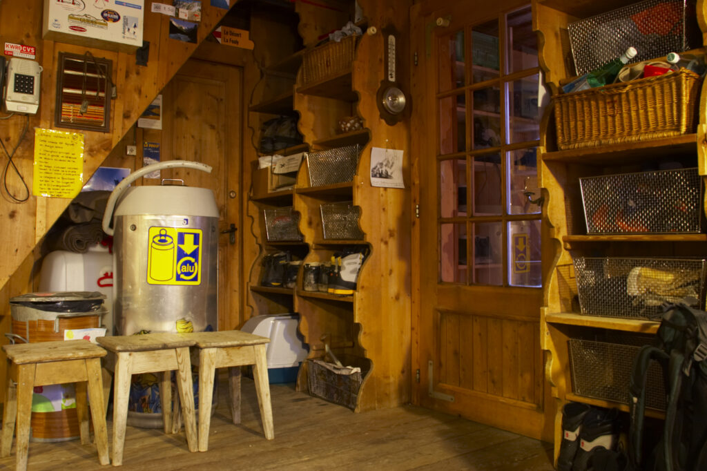 Switzerland Valais Val Ferret. The interior of the Cabane de l'A Neuve 2735m, 8973ft mountain hut also known as cabane dufour