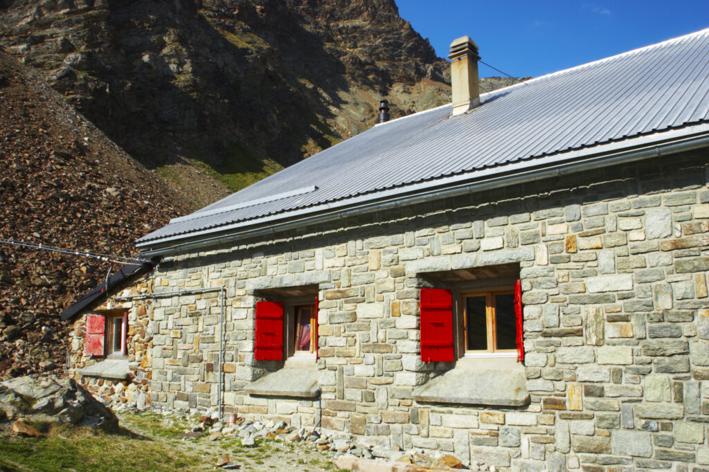 Switzerland Valais Schonbielhutte A popular swiss alpine hut in a landscape dominated by the form of the Matterhorn