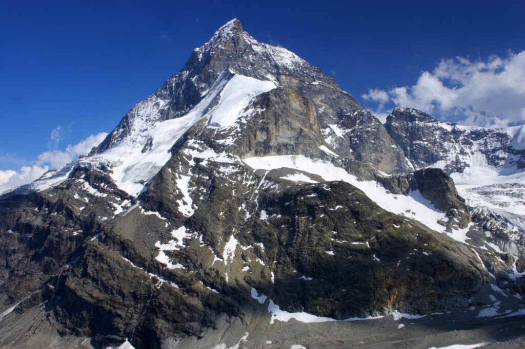 Switzerland Valais, Matterhorn. The Matterhorn viewed from outside the Schonbielhutte alpine hut