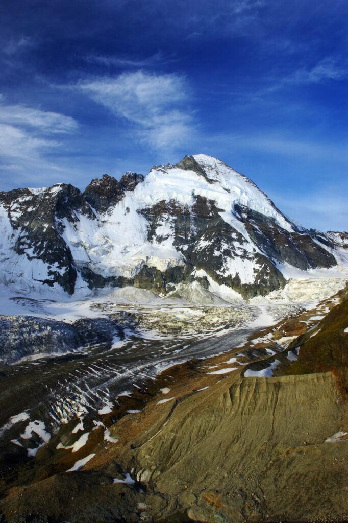 Switzerland Valais, Zmuttgletscher. Zmuttgletscher glacier and surrounding mountains, near north western foot of the Matterhorn