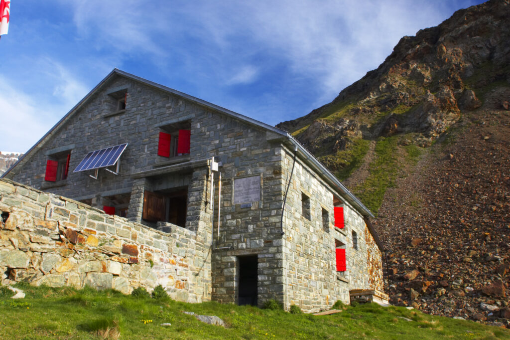 Switzerland Valais Schonbielhutte A popular swiss alpine hut in a landscape dominated by the form of the Matterhorn
