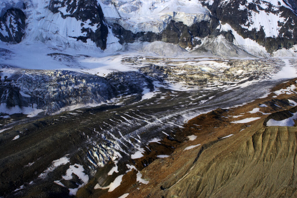 Switzerland Valais, Zmuttgletscher. Zmuttgletscher glacier and surrounding mountains, near north western foot of the Matterhorn