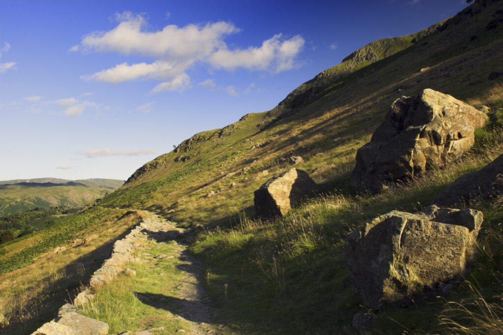 England Cumbria Lake District National Park A public footpath running through the wild landscape of Glenridding