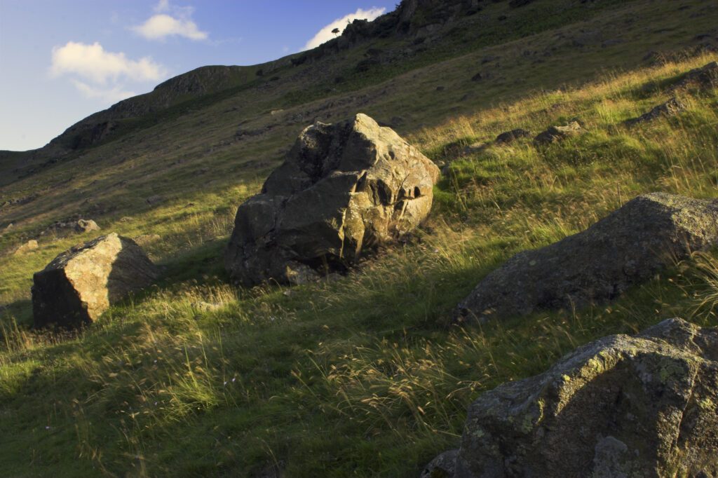 England Cumbria Lake District National Park Boulders and moorland typical of the wild landscape of Glenridding