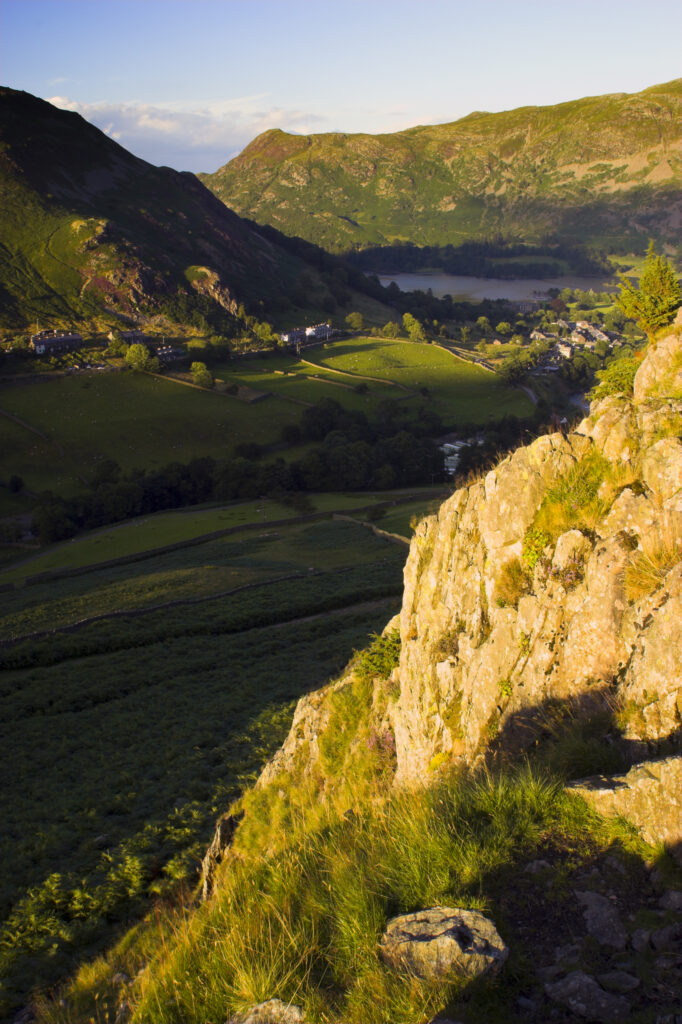 England Cumbria Lake District National Park The golden hues of sunset illuminate the wild valley of Glenridding nr Ullswater
