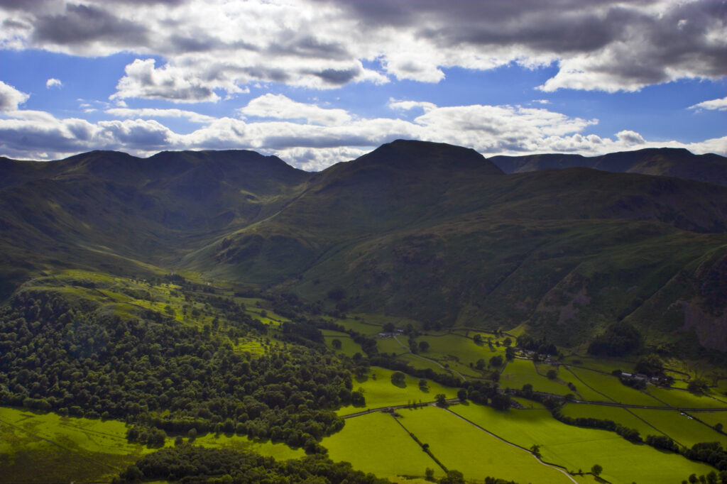 England, Cumbria, Lake District National Park. View looking from hills above Ullswater, a popular hiking location.