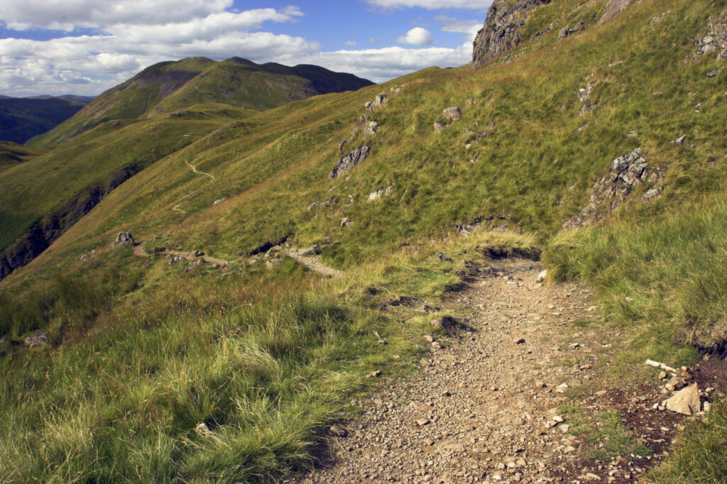 England, Cumbria, Lake District National Park. A public footpath running through the hills of Patterdale Common