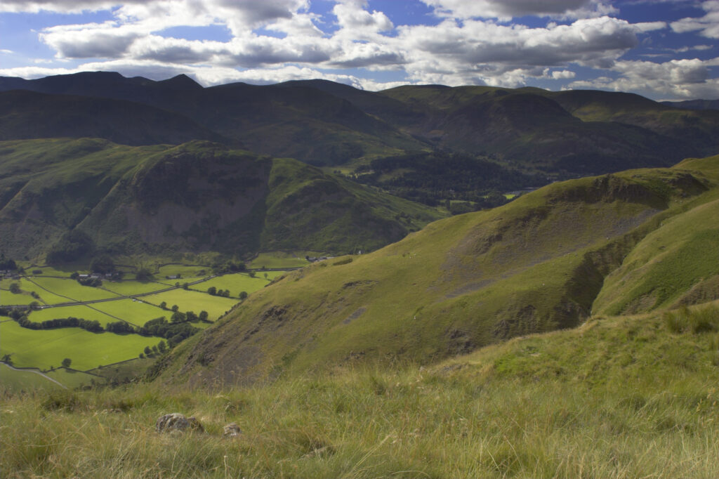 England, Cumbria, Lake District National Park. View looking from hills above Ullswater, a popular hiking location.