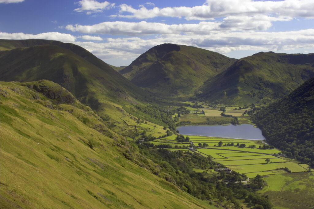 England, Cumbria, Lake District National Park. View from Patterdale Common, high above Ullswater, looking toward Kirkstone Pass