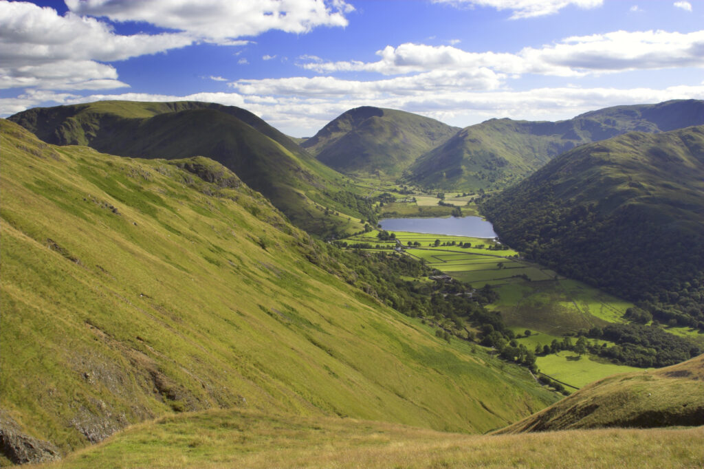 England, Cumbria, Lake District National Park. View from Patterdale Common, high above Ullswater, looking toward Kirkstone Pass