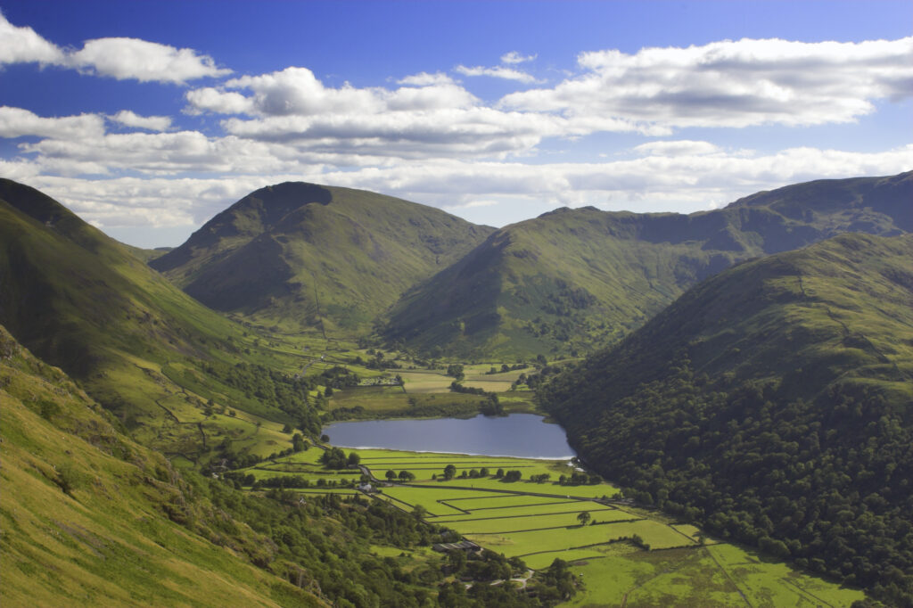 England, Cumbria, Lake District National Park. View from Patterdale Common, high above Ullswater, looking toward Kirkstone Pass