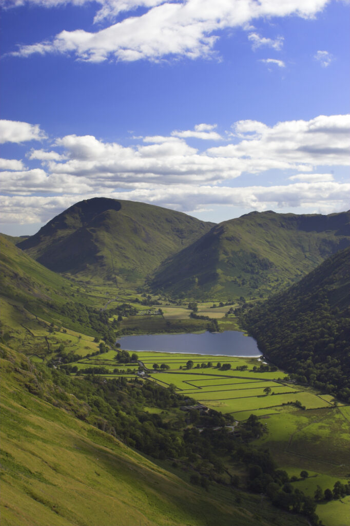 England, Cumbria, Lake District National Park. View from Patterdale Common, high above Ullswater, looking toward Kirkstone Pass
