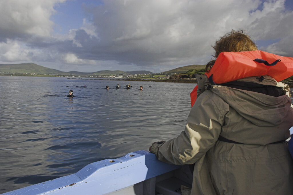 Ireland County Kerry Dingle Peninsula Womans watches from a boat as snorklers try to find Fungi the dolphin