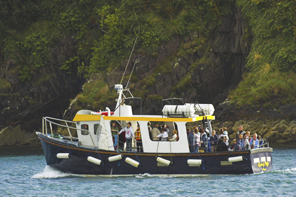 Ireland County Kerry Dingle Peninsula A group of dolphin spotters on a boat heading over Dingle Bay search for Fungi the dolphin