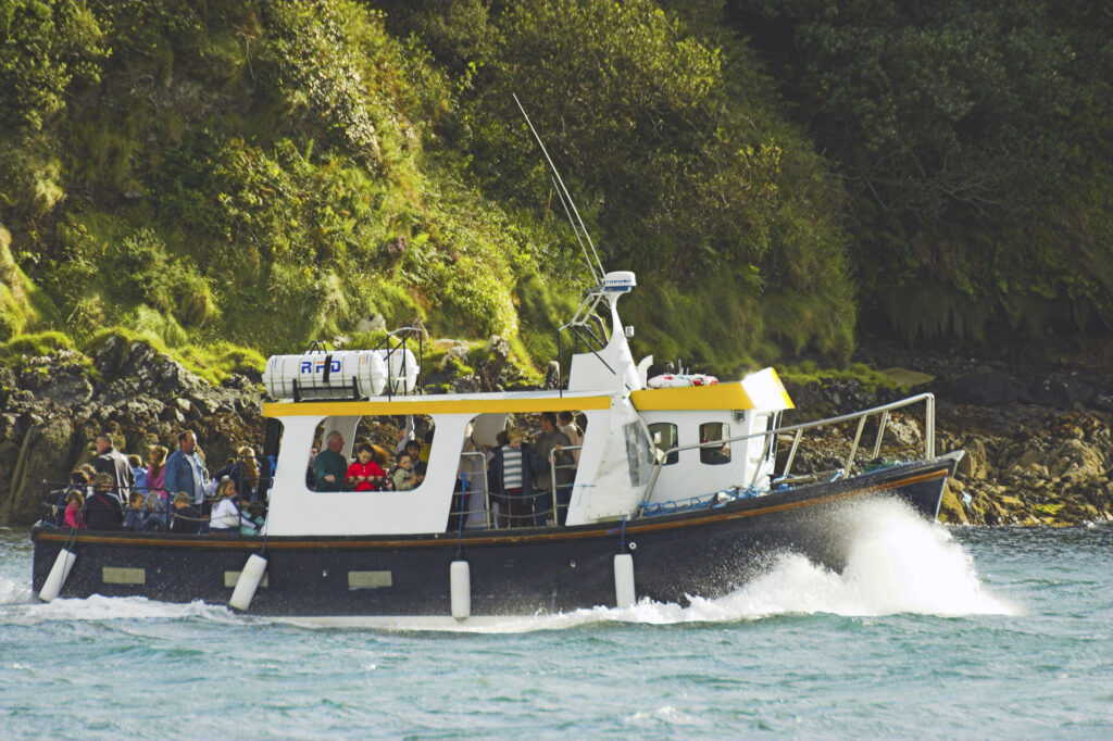 Ireland County Kerry Dingle Peninsula A group of dolphin spotters on a boat heading over Dingle Bay search for Fungi the dolphin