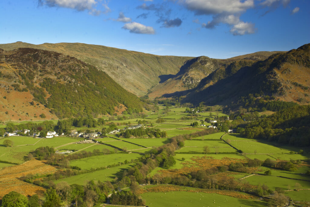 England, Cumbria, Lake District National Park. Borrowdale Valley, looking towards Stonethwaite Beck and the Langstrath Valley