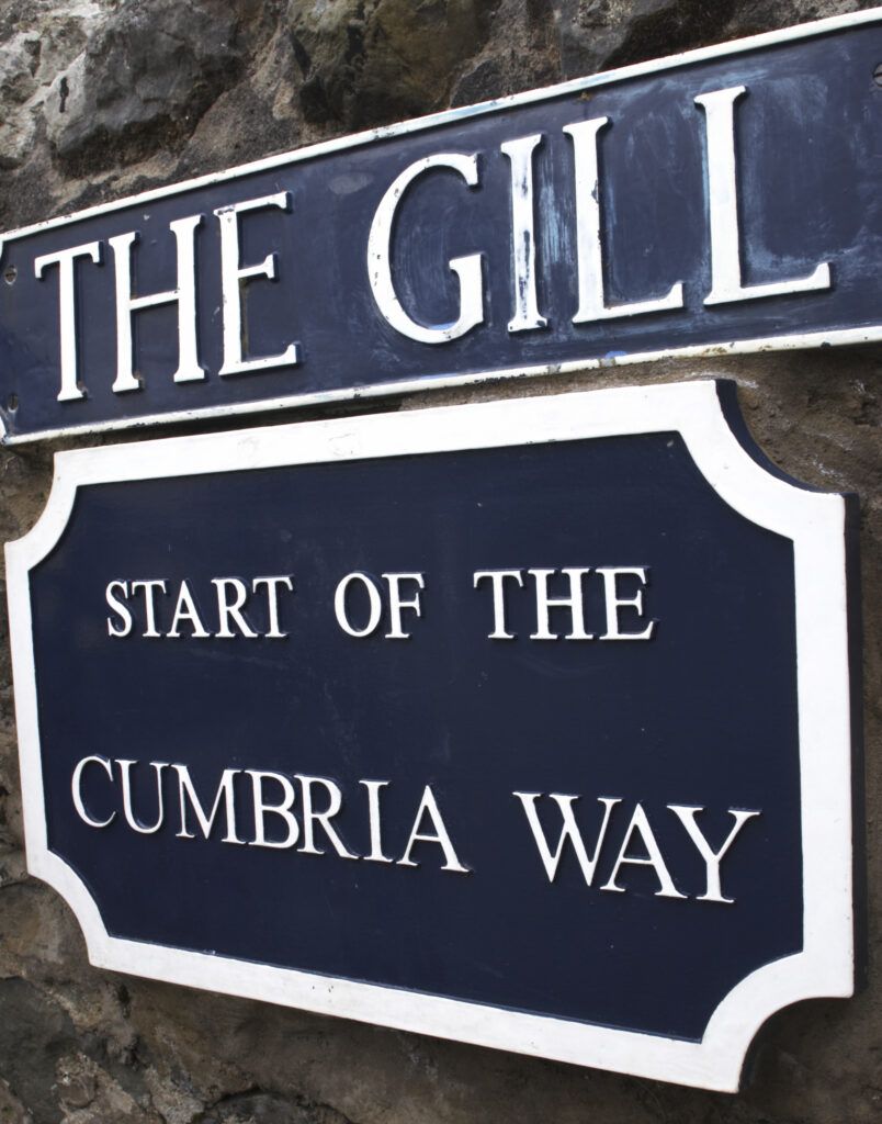 England, Cumbria, Ulverston. A sign marks the start of the Cumbria Way long distance hiking track.