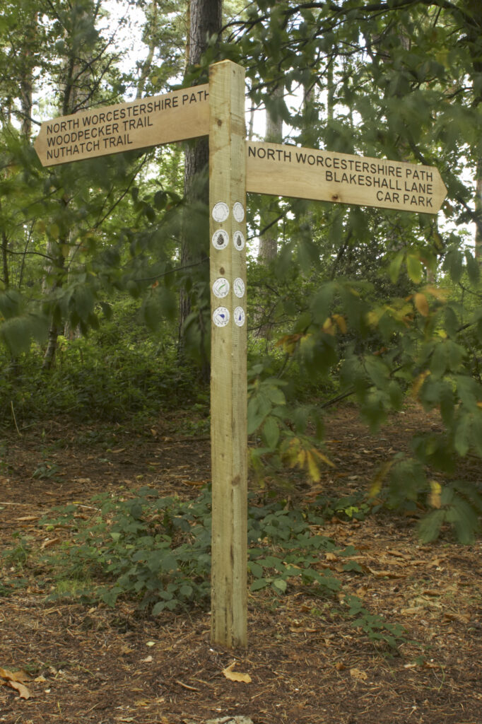 England, Staffordshire, Kinver. Public footpath sign in forestry commision woodland near Kinver Edge in the West Midlands.