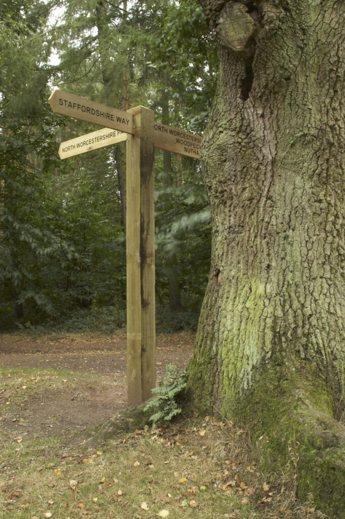 England, Staffordshire, Kinver. Staffordshire way footpath sign in forestry commision woodland near Kinver Edge in the West Midlands.