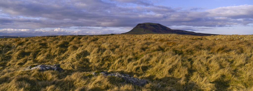 ENGLAND Yorkshire Yorkshire Dales National Park Limestone outcrops in moor land dominated by the peak of Pen-y-ghent
