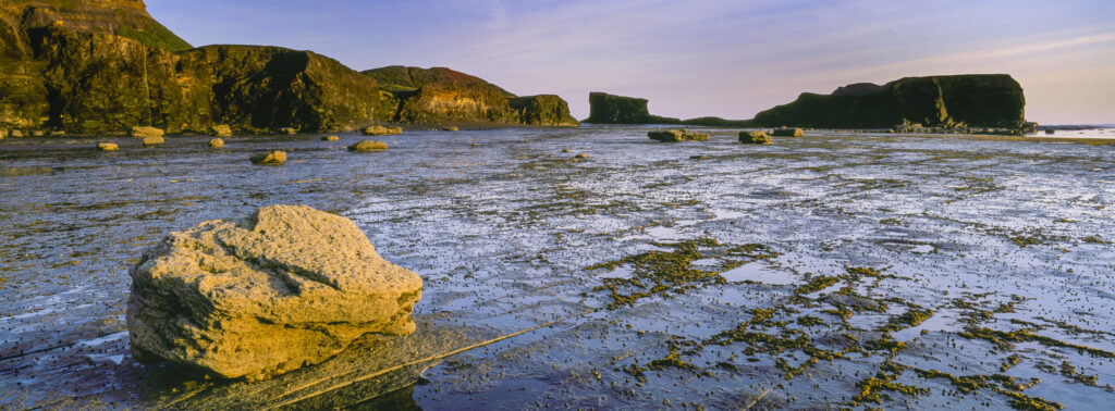ENGLAND Yorkshire North York Moors National Park Morning light iluminates the coastline of Saltwick Bay Nab near Whitby