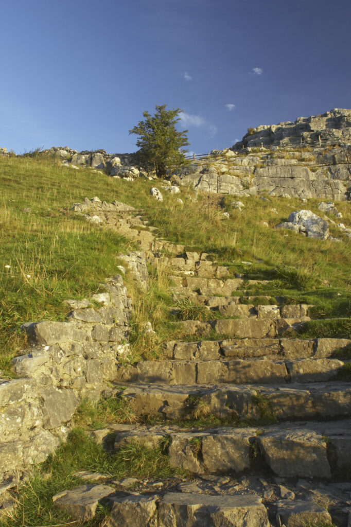 England, Yorkshire, Yorkshire Dales National Park. Limestone steps near Malham Cove in the Yorkshire Dales National Park