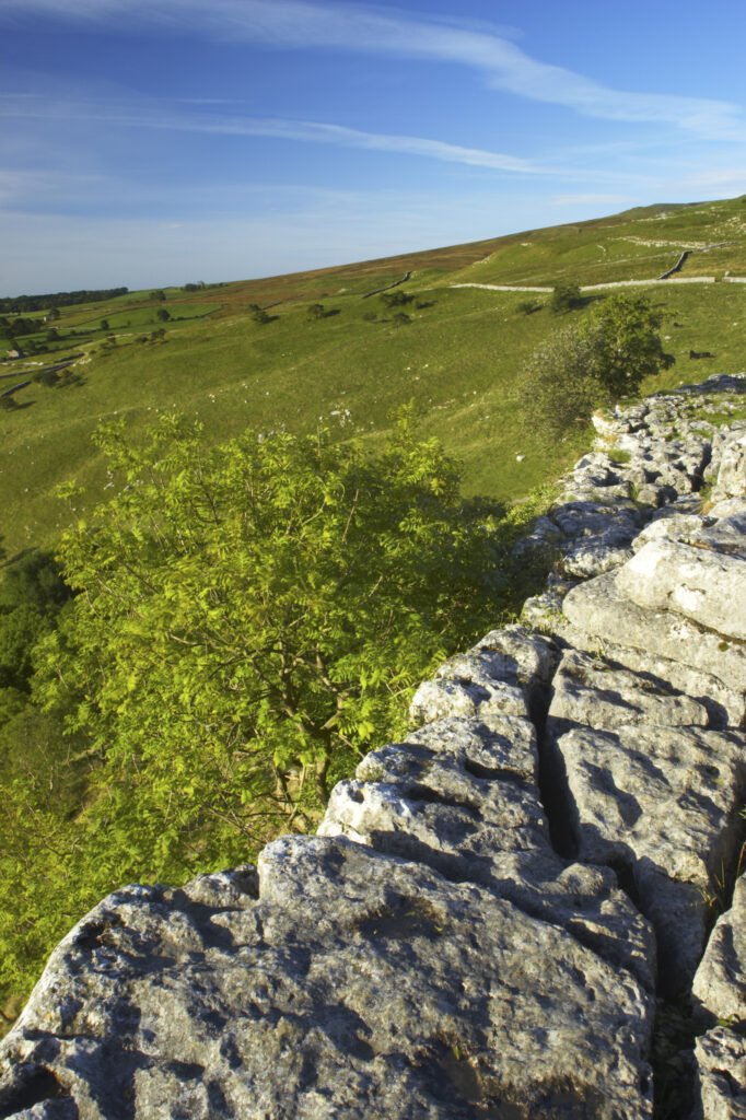 England, Yorkshire, Yorkshire Dales National Park. The impressive natural rock formations / geology of limestone paving above Malham Cove in the Yorkshire Dales National Park, in Yorkshire.