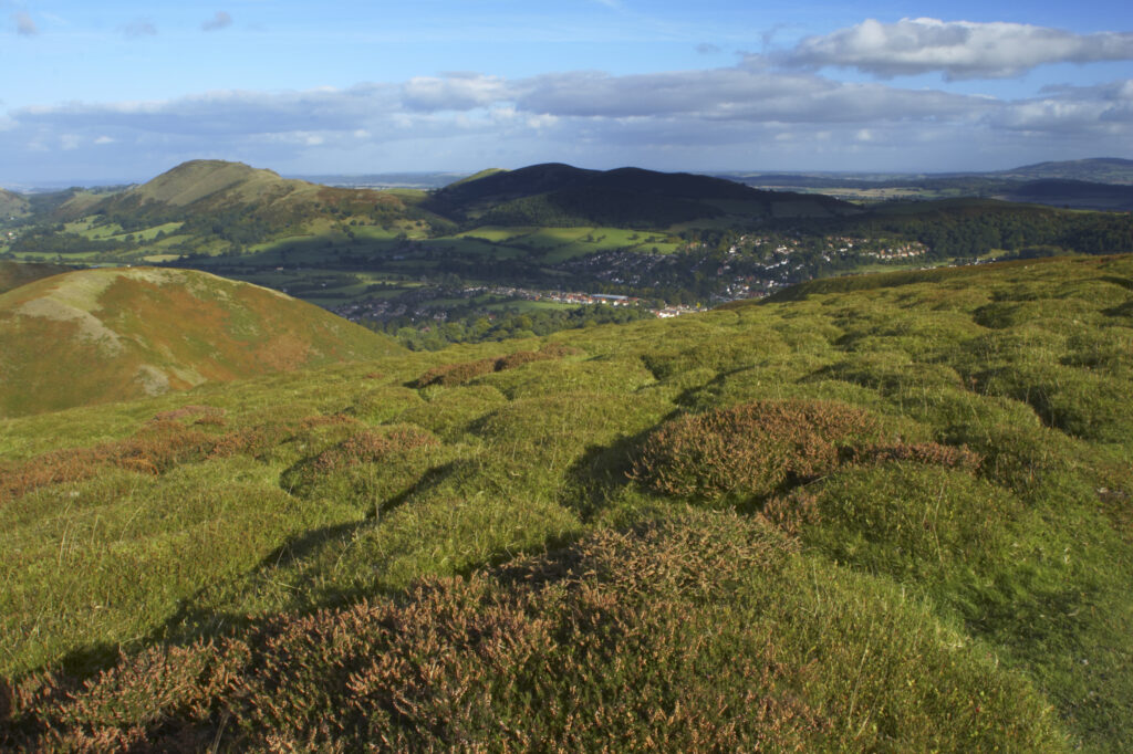 England, Shropshire, The Long Mynd. View from the Long Mynd in early autumn looking across the green and red expanse of this popular hiking and gliding plateau in the west midlands.