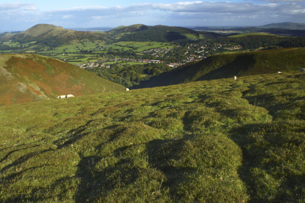England, Shropshire, The Long Mynd. View from the Long Mynd in early autumn looking across the green and red expanse of this popular hiking and gliding plateau in the west midlands.