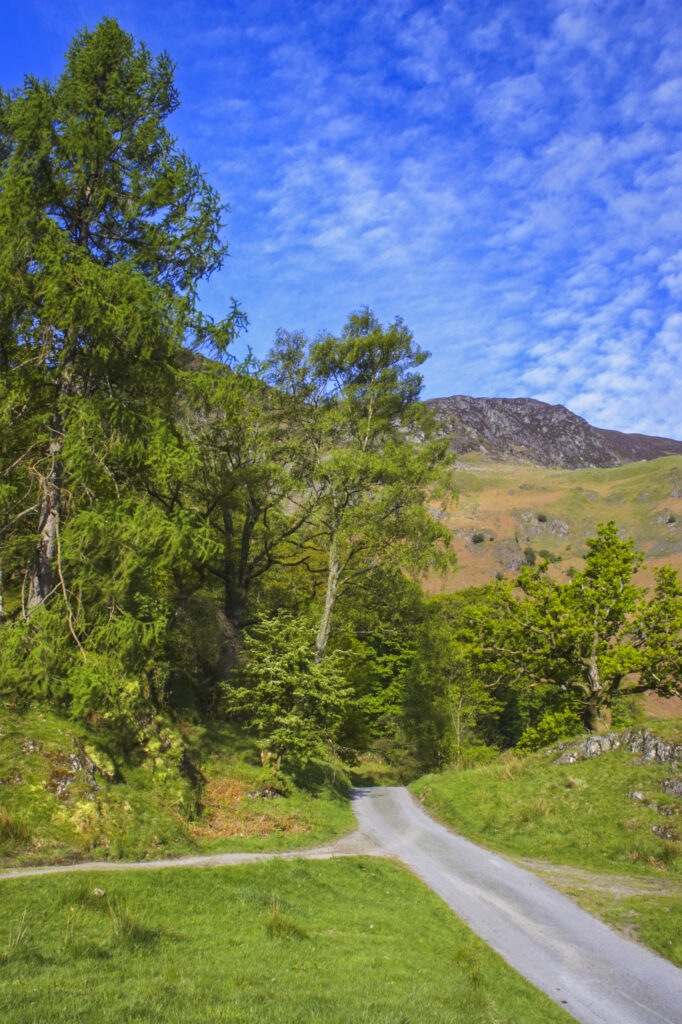 England, Cumbria, Lake District National Park. The Cumbria Way joins a quiet road heading towards Hollows Farm.